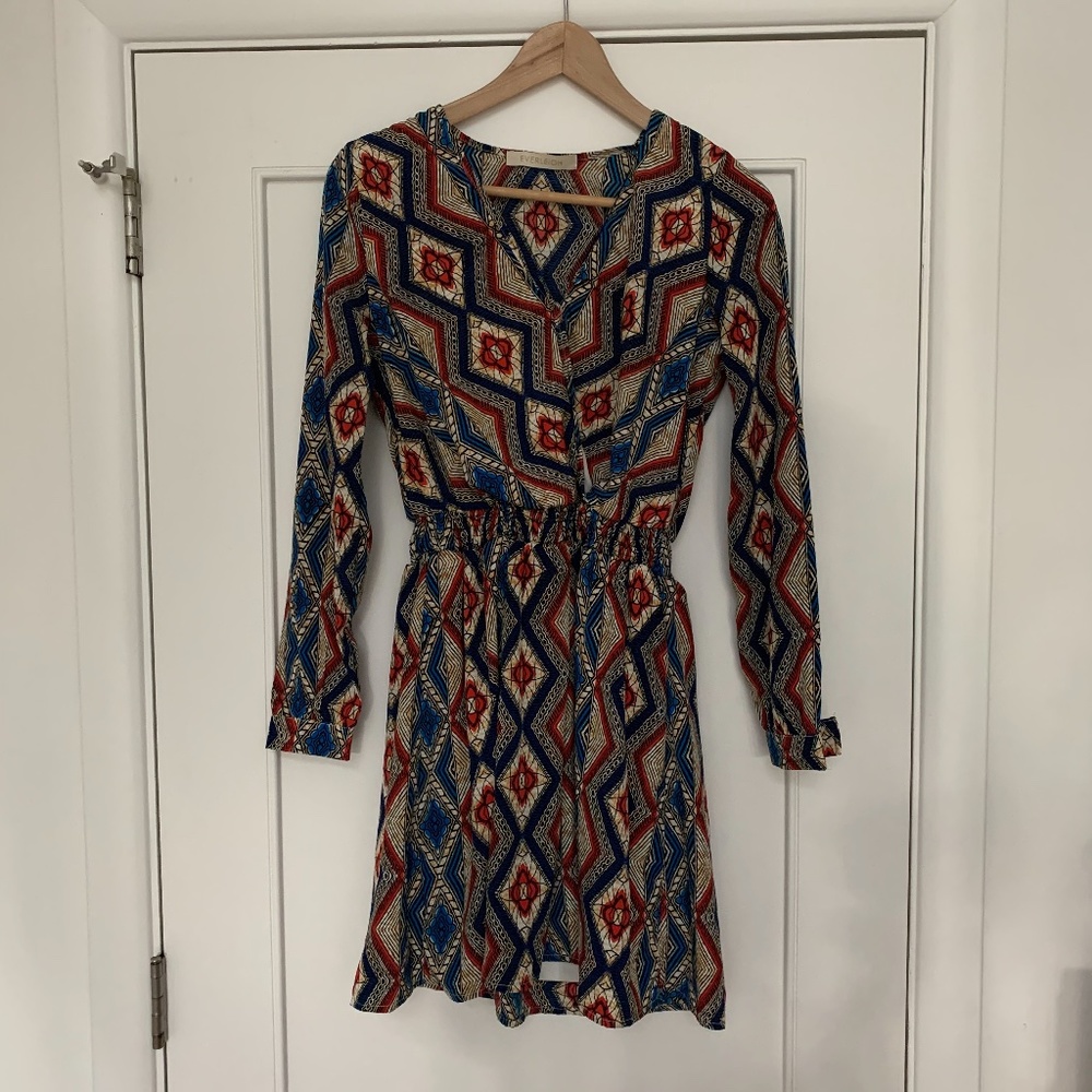 V neck smocked waist long sleeve Dress